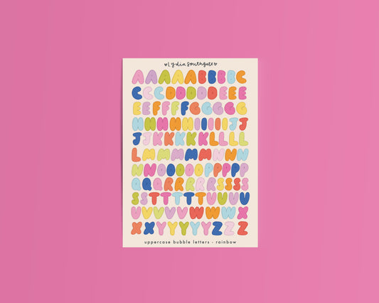 Bubble Letters Sticker Sheets (7 colour options)